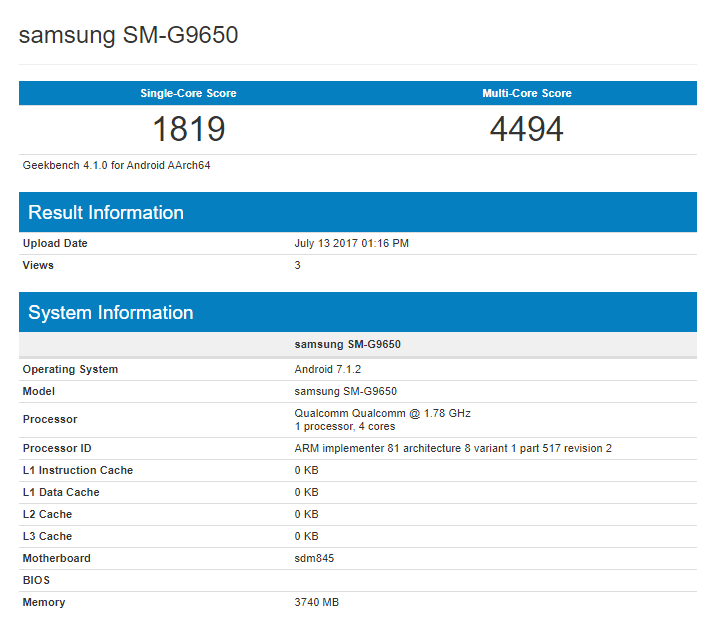 Samsung Galaxy S9 SM-G9650 on Geekbench