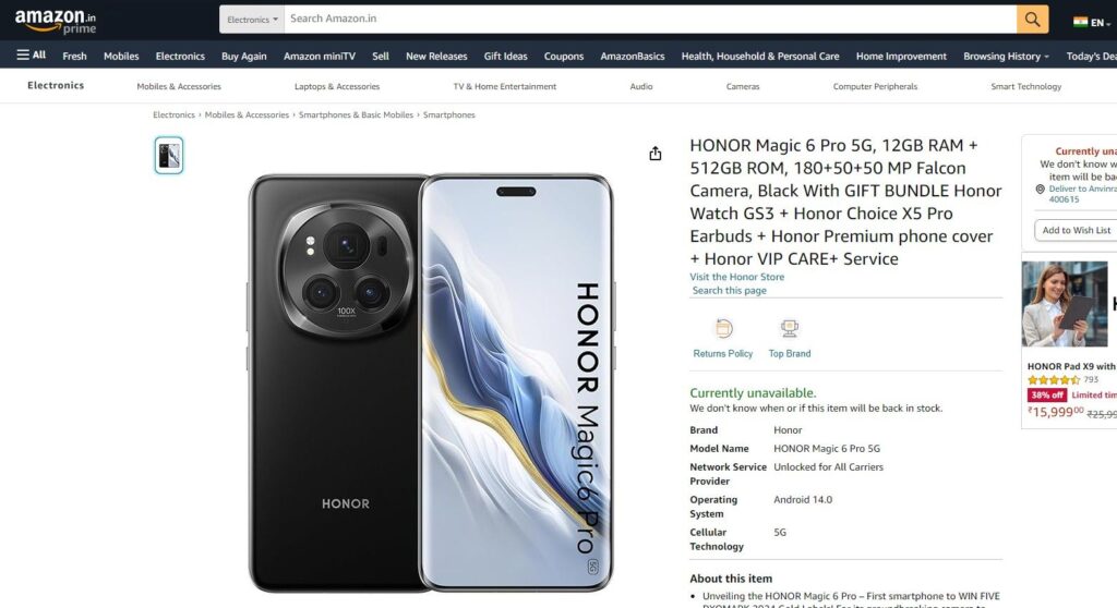 HOnor Magic 6 Pro Amazon India listing