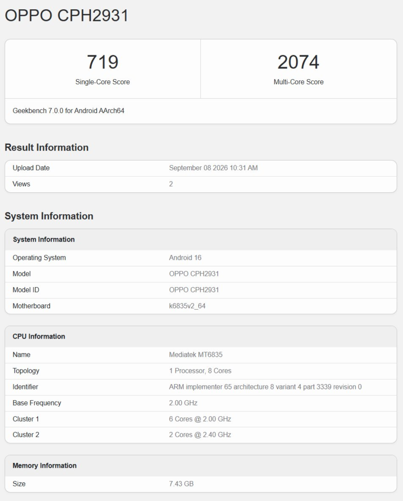 Oppo A7 Pro 5G Geekbench